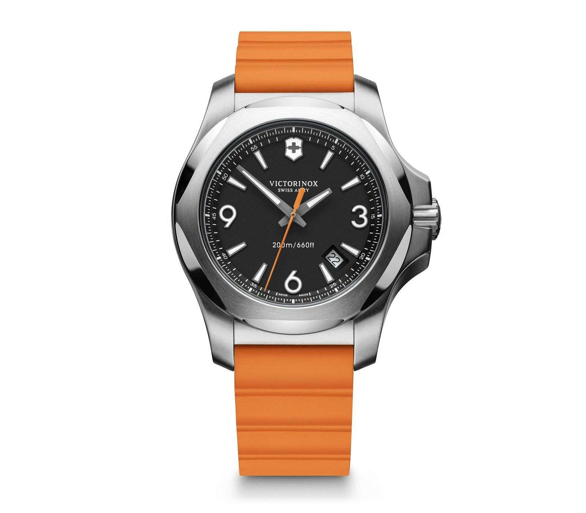 Men's quartz wristwatch with silver case and orange strap, round black dial with numerals