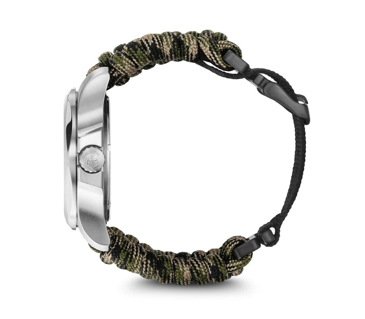 Men's stainless steel quartz watch with silver case and green paracord strap