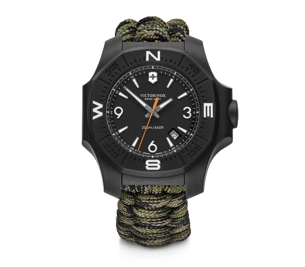 Men's blacked-out quartz watch with rugged dial and green paracord strap