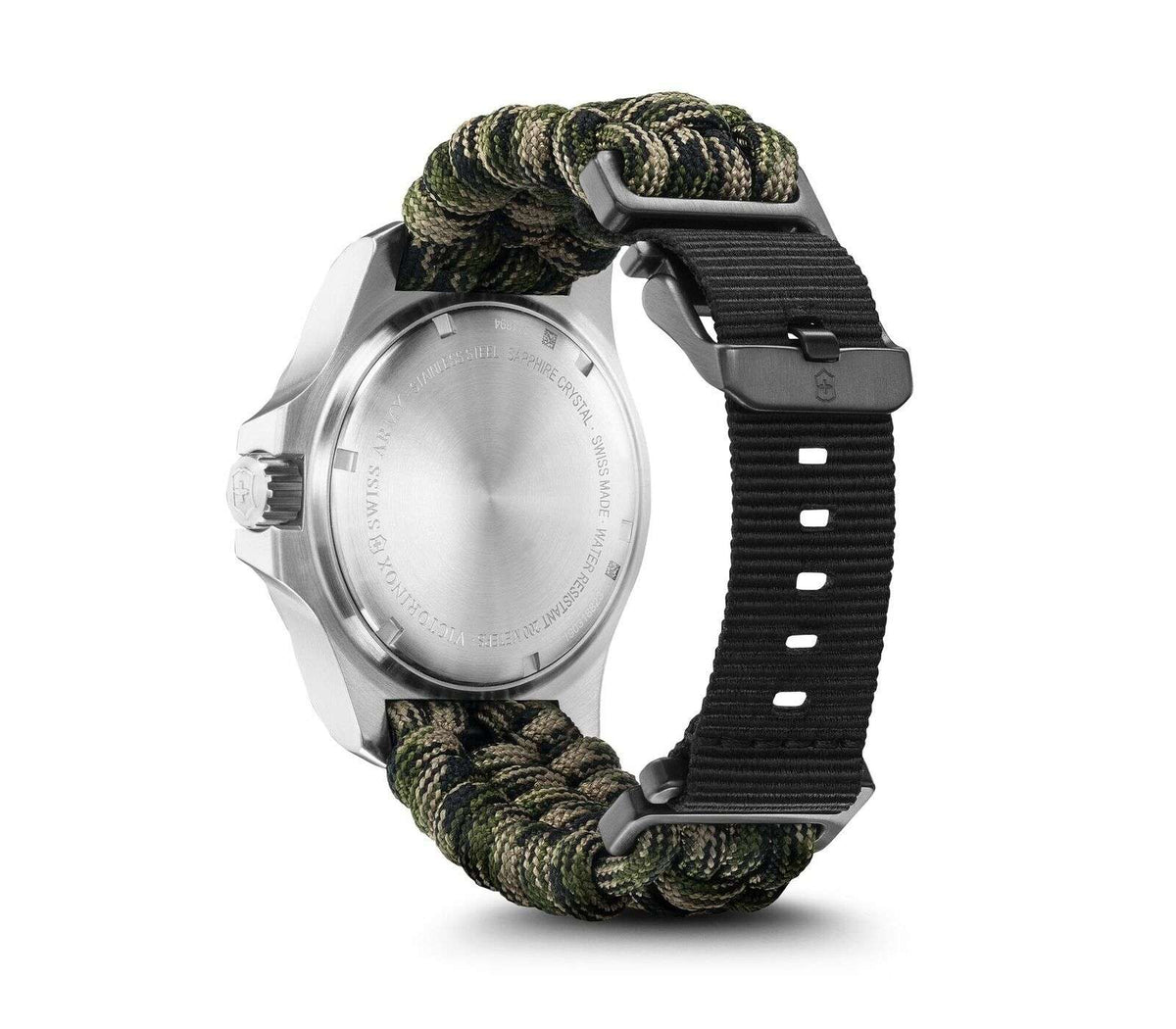 Men's stainless steel watch back with green paracord strap and black buckle detail.
