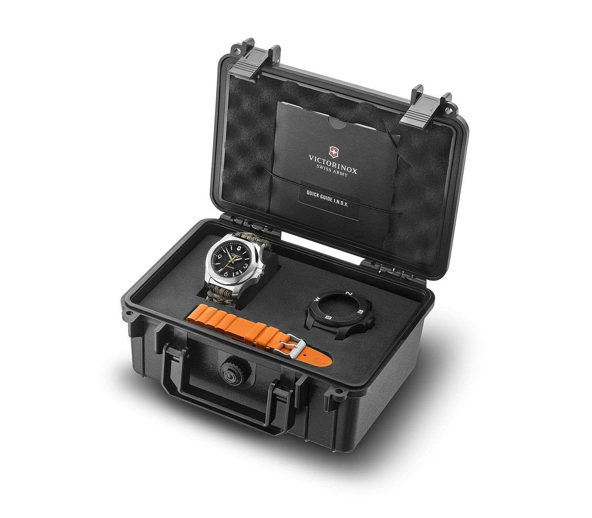 Victorinox I.N.O.X watch in open black case, with orange strap and circular black accessory