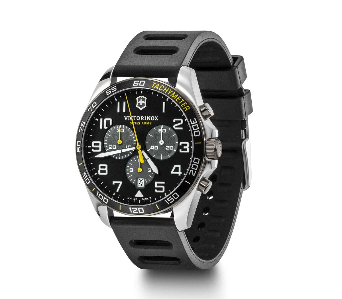 Sport chronograph watch front angled, black dial with tachymeter ring, yellow markers, black strap.