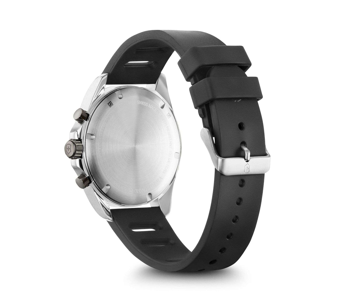 Sport chronograph watch: silver case back, black rubber strap with buckle.
