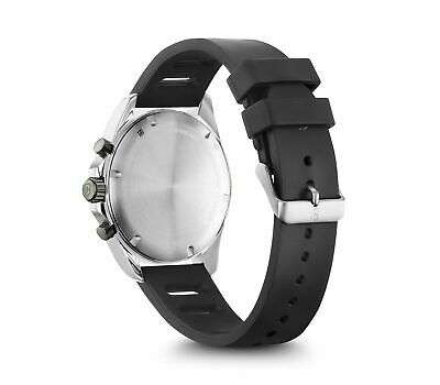 Sport chronograph watch with silver case and crown, black rubber strap, dial facing forward.