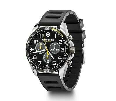 Sport chronograph watch on black rubber strap, black dial with yellow seconds subdial.
