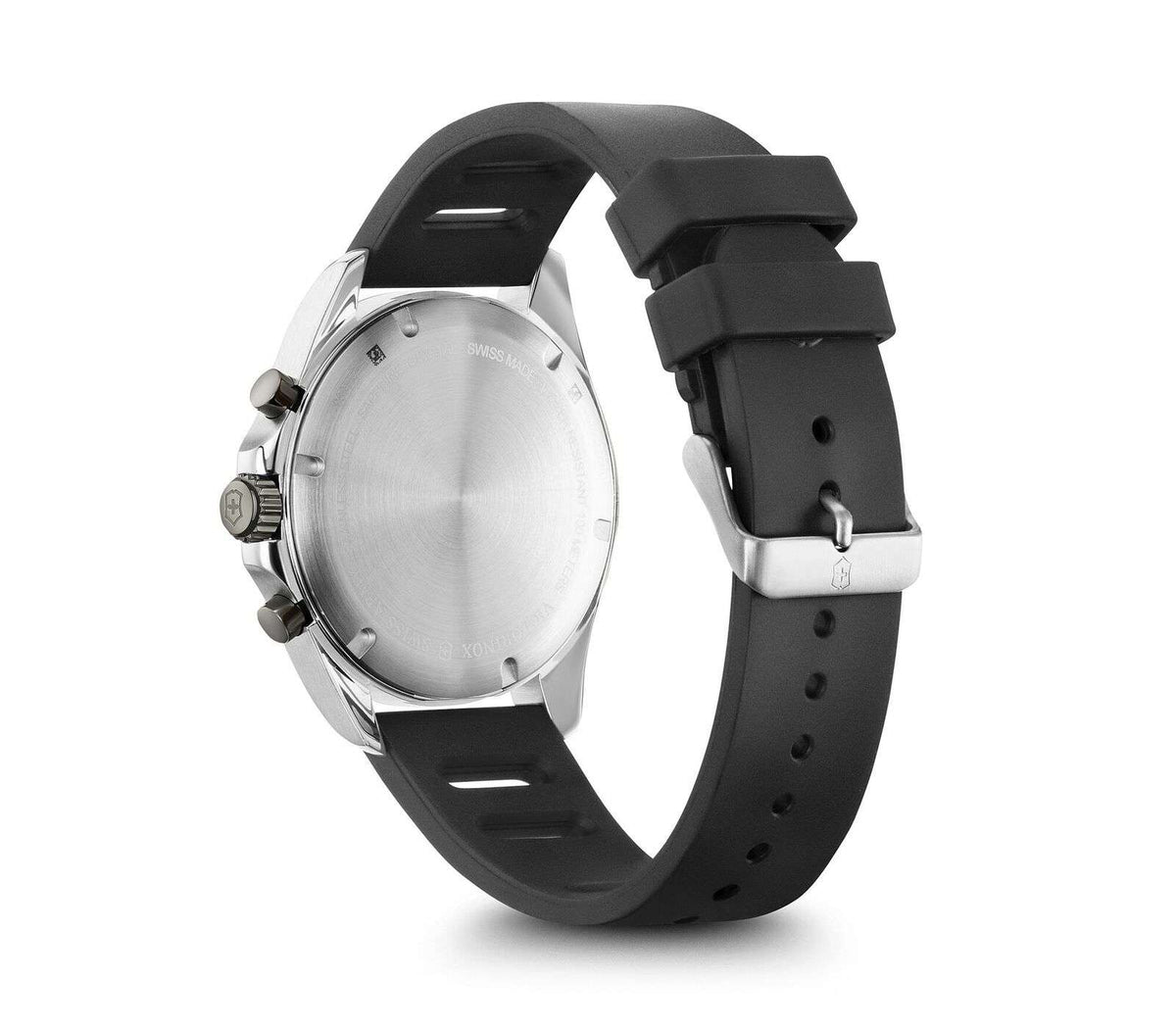 Men's stainless watch case back with black rubber strap and metal side crown