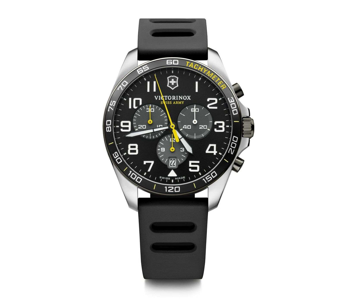 Victorinox chronograph watch, black dial with yellow second hand, three subdials, rubber strap
