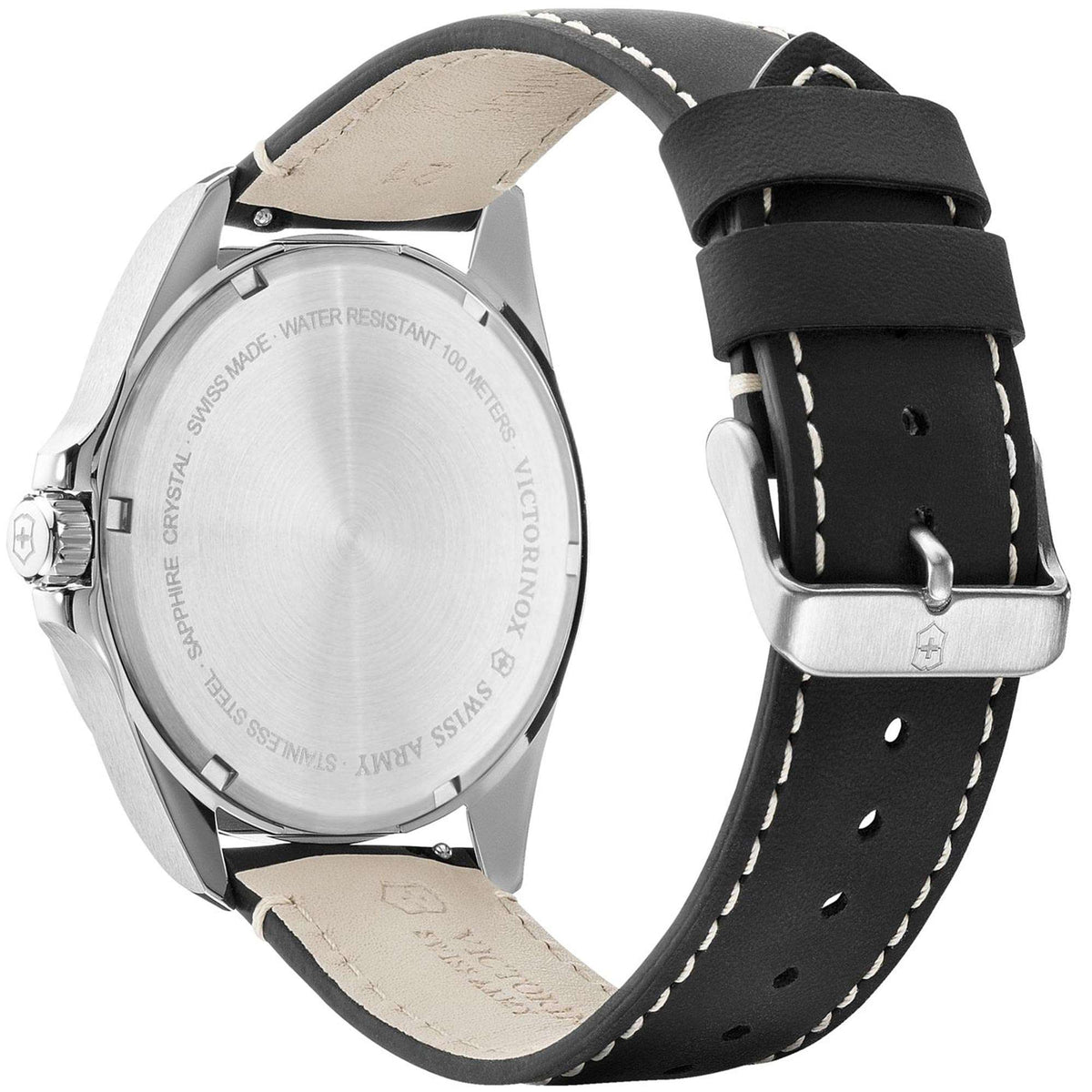 Men's wristwatch caseback and black leather strap with silver buckle