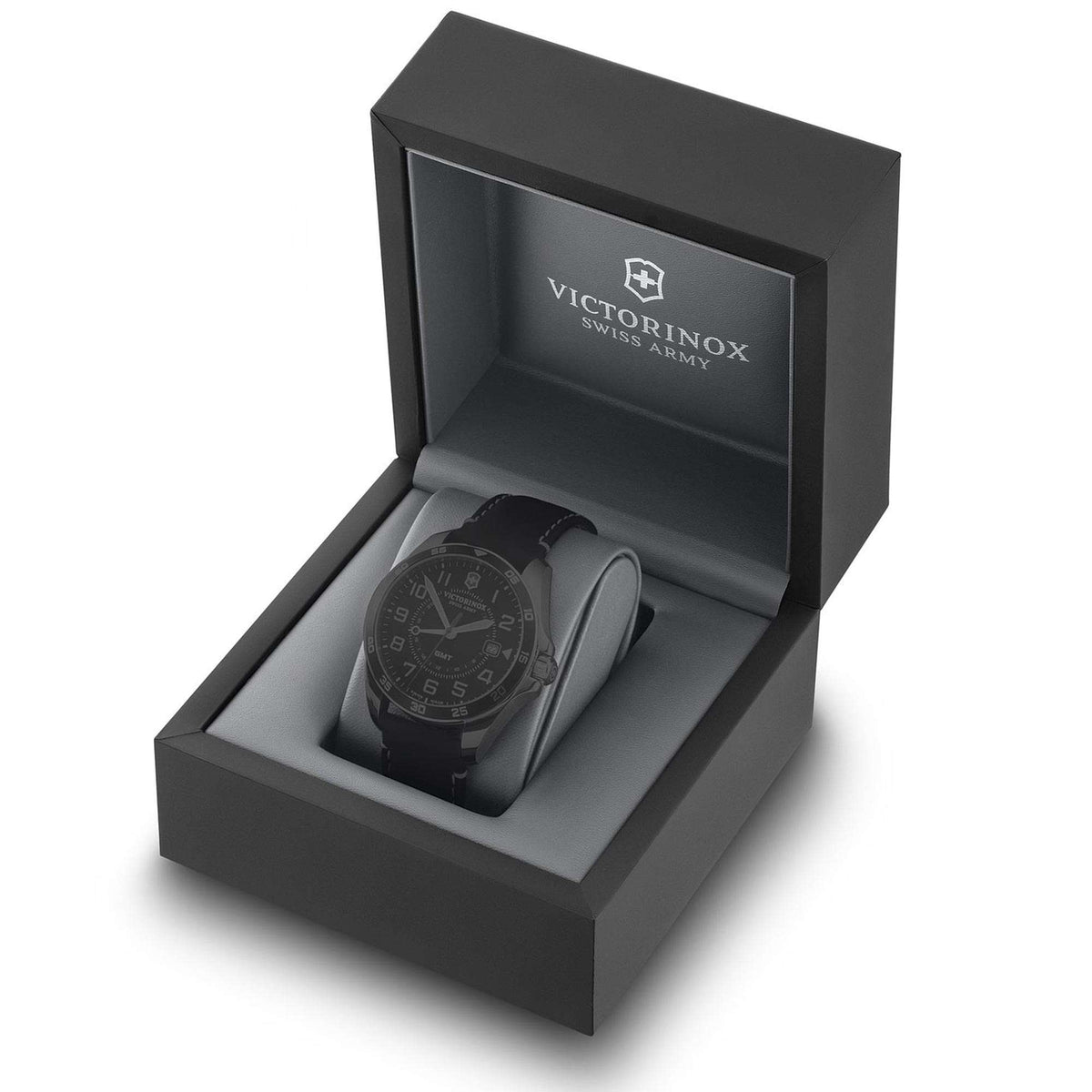 Men's wristwatch in open black gift box, black dial and black leather strap