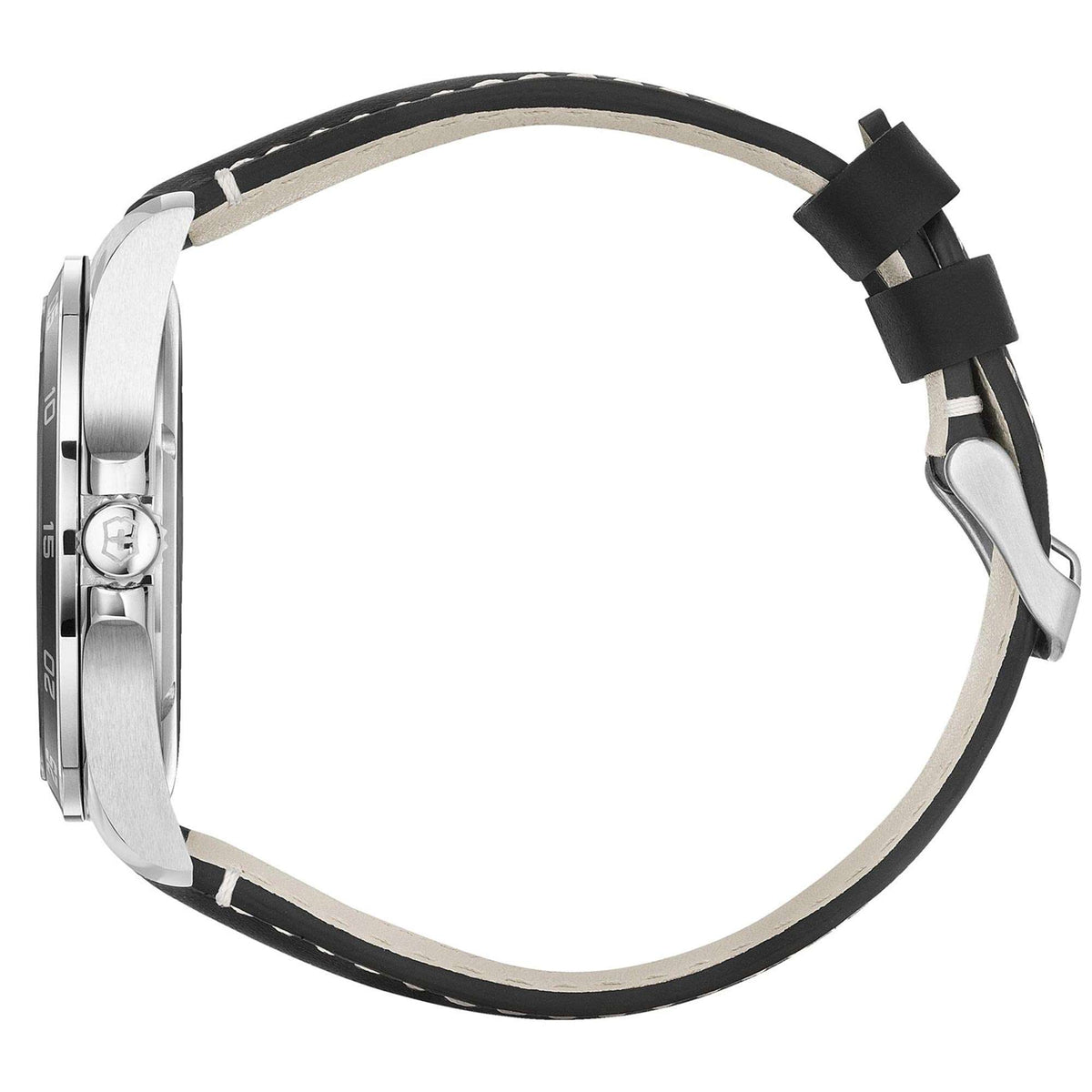 Men's wristwatch side view with black leather strap and metal case