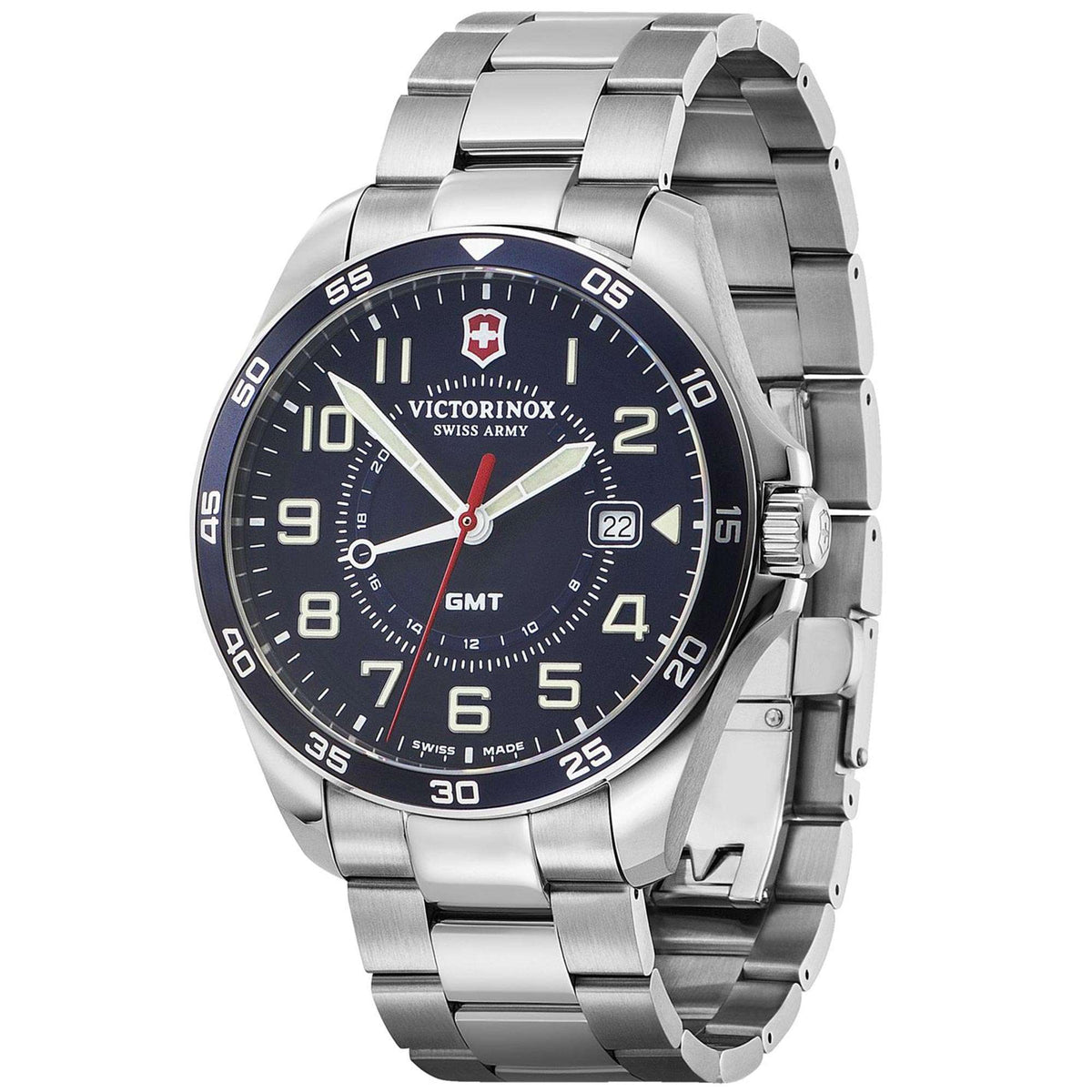 Victorinox Field Force stainless steel watch with dark blue dial, angled crown-side view.