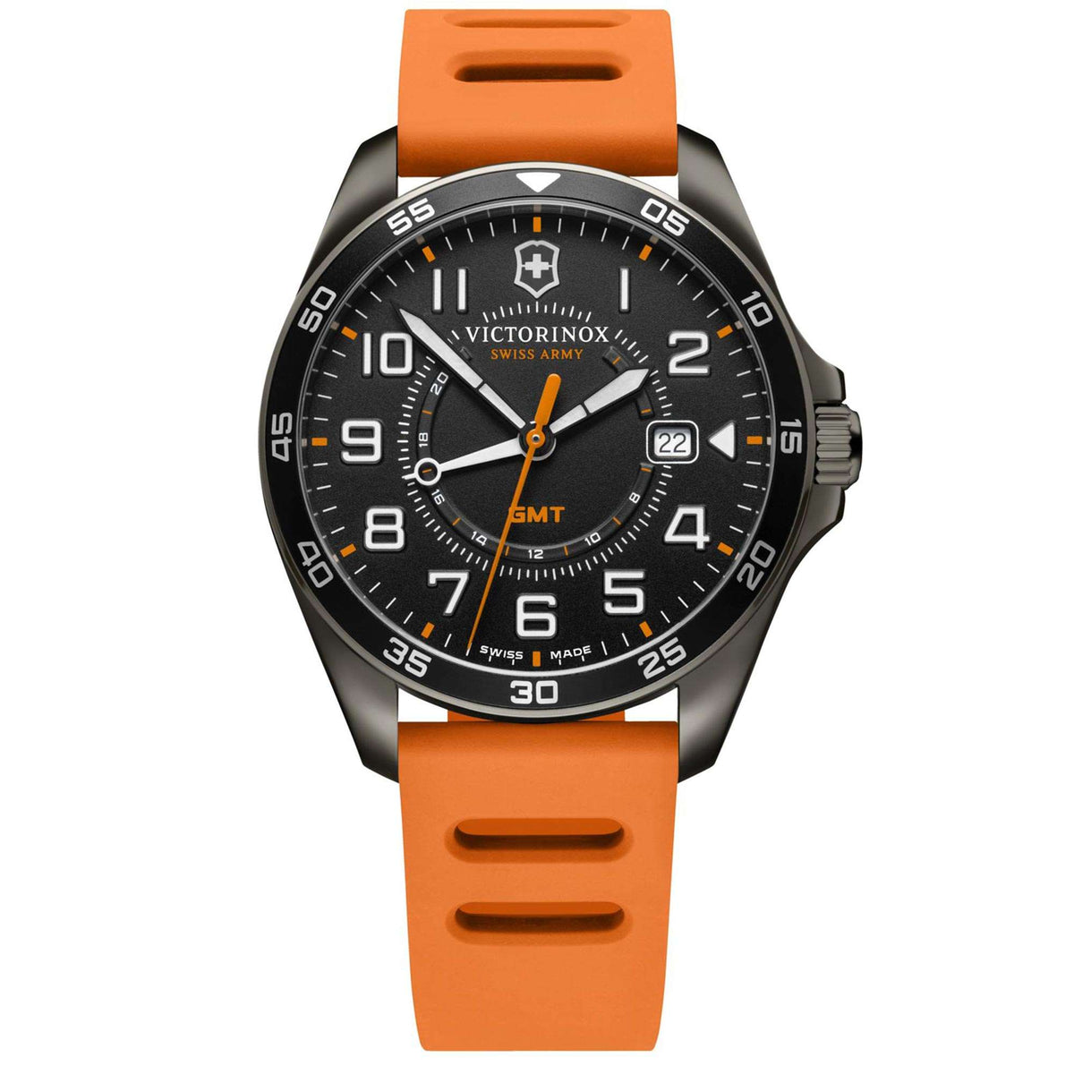 Men's quartz wristwatch with black dial, orange rubber strap, GMT and date window.