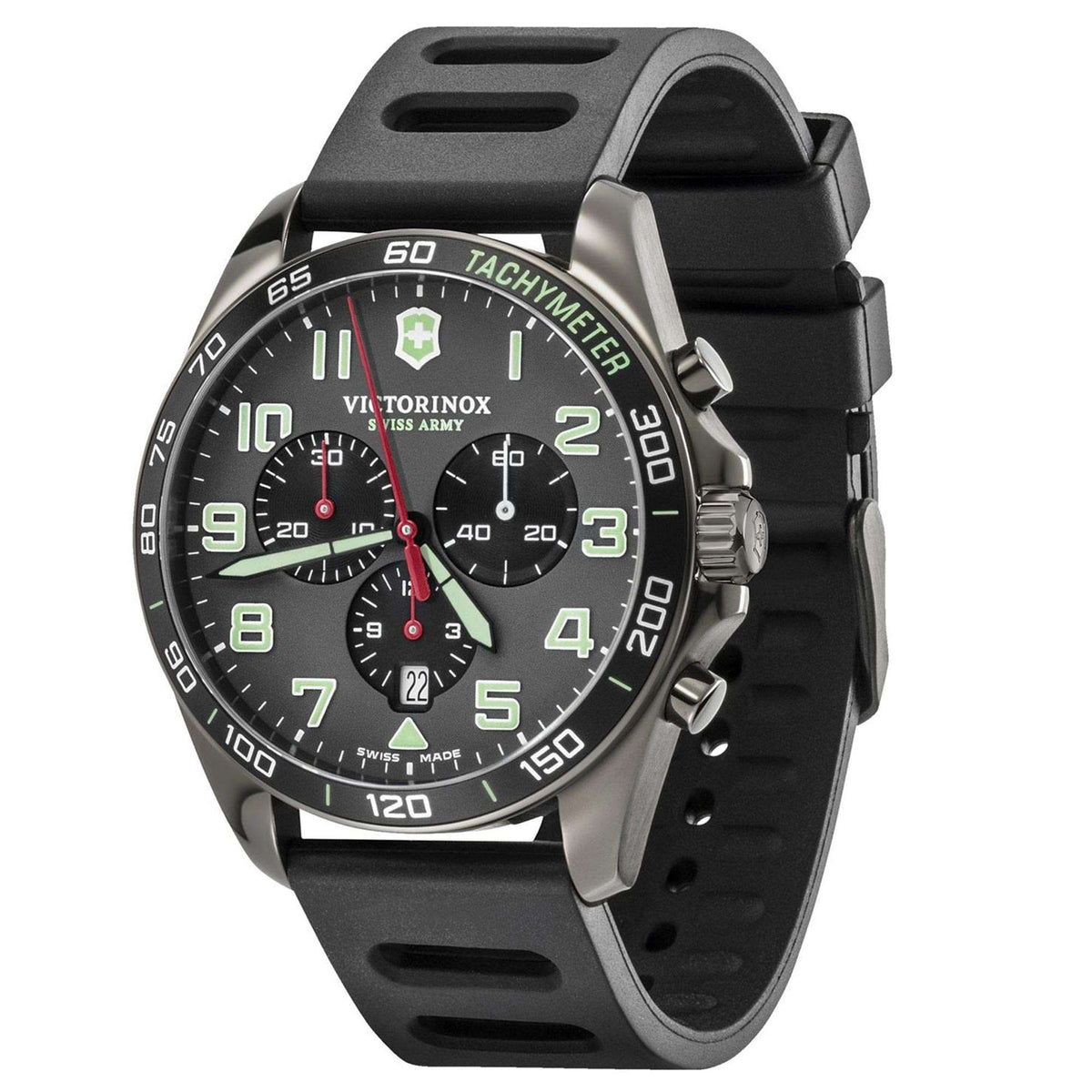 Men's sport chronograph watch with black strap, silver-toned case, and multi-color dial