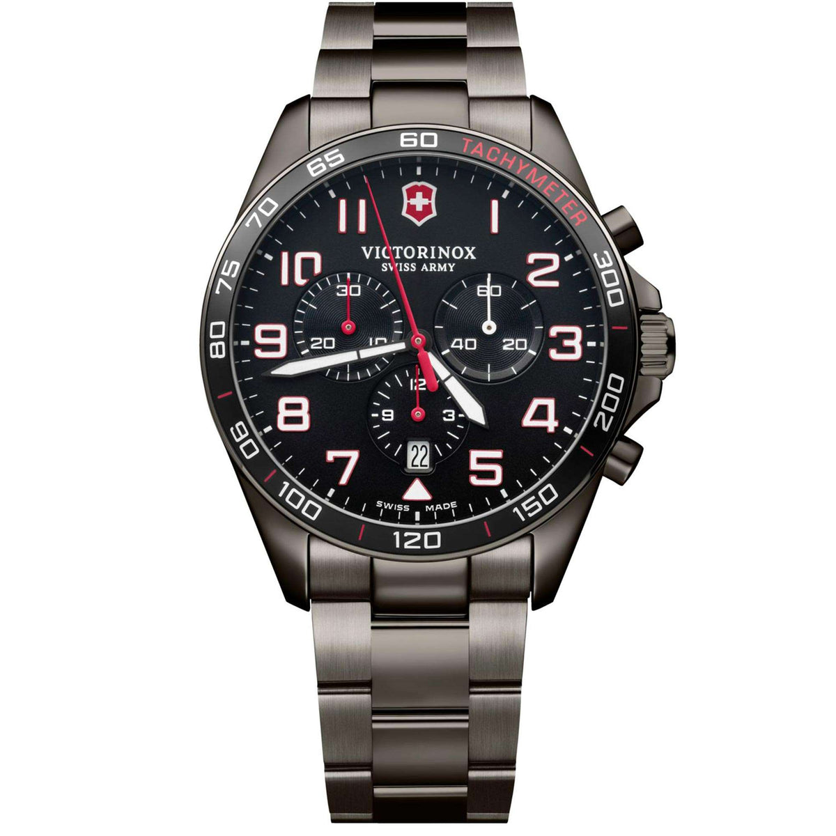 Stainless steel chronograph watch with black dial and red tachymeter bezel markers