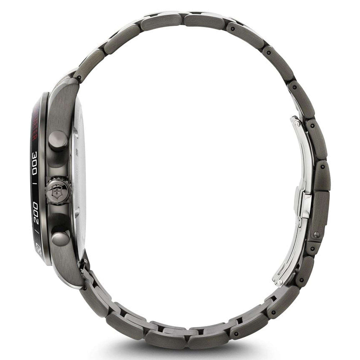 Stainless steel watch case and metal bracelet links shown from the side