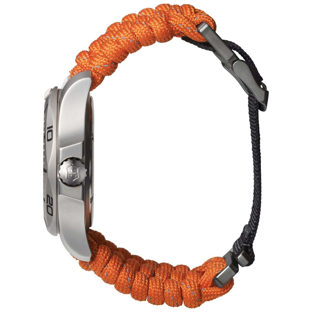Men's diver watch side profile with orange paracord strap and dark clasp details