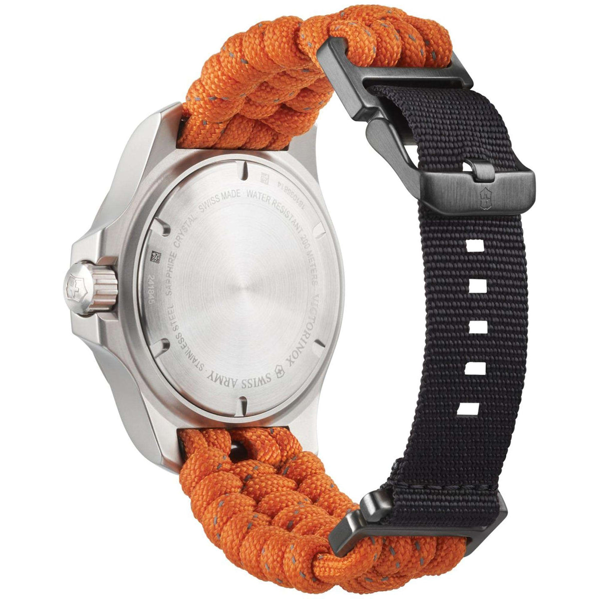 Men's diver watch caseback with textured orange paracord strap and dark woven band