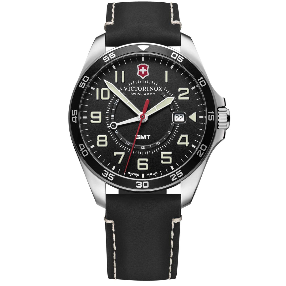 Men's wristwatch with black dial, GMT markings, and black leather strap