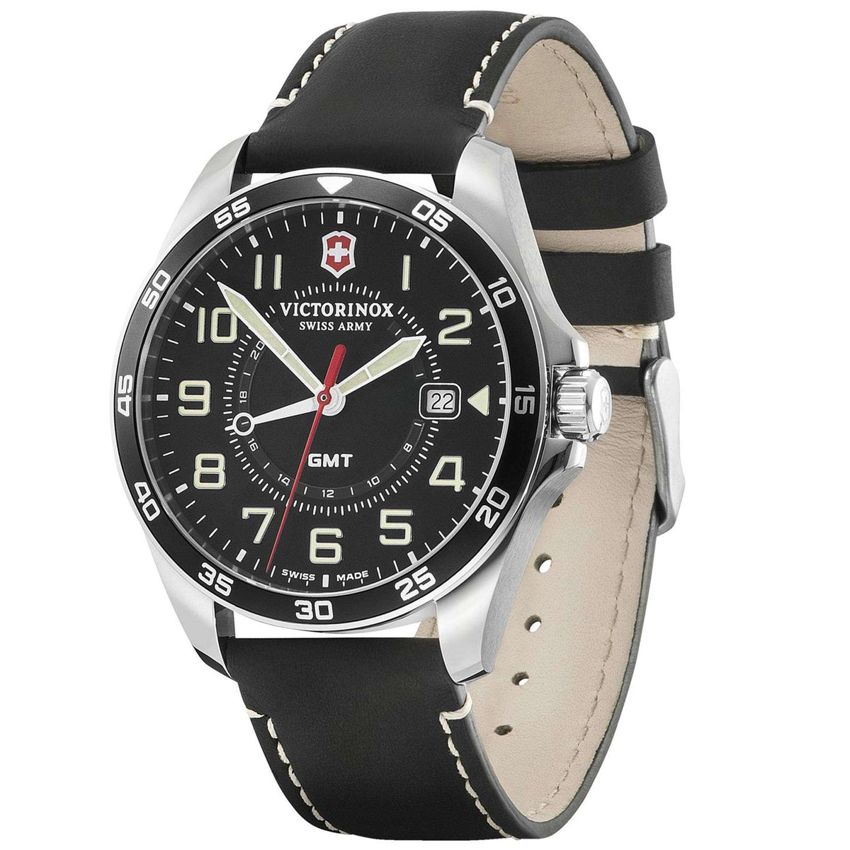 Men's wristwatch angled view with black dial, black leather strap, and silver case