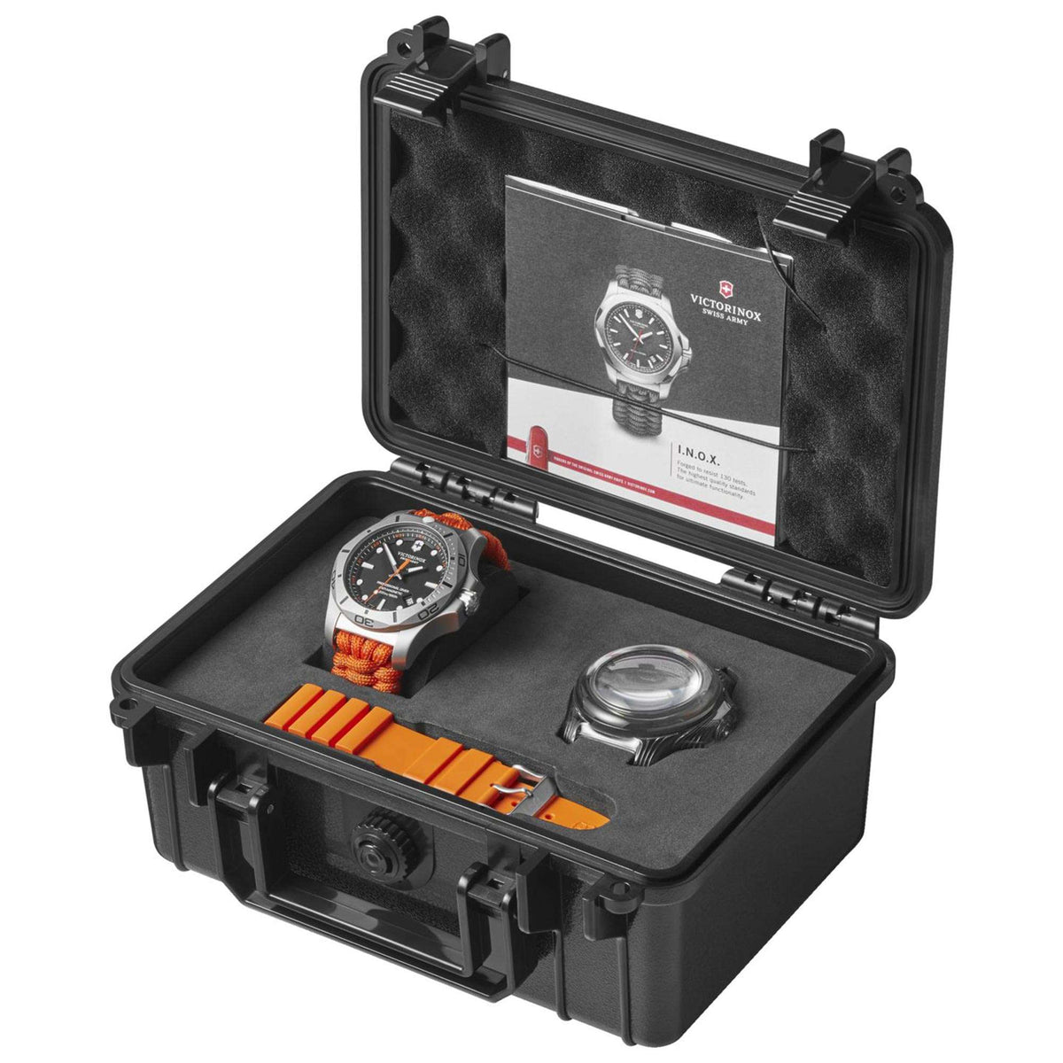 Men's diver watch in a black hard travel case with straps and included accessories