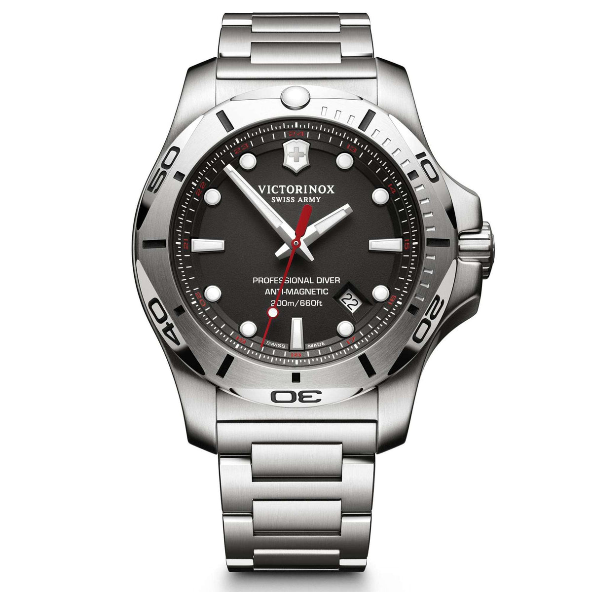 Men's stainless steel diver watch with black dial, red second hand, steel bracelet
