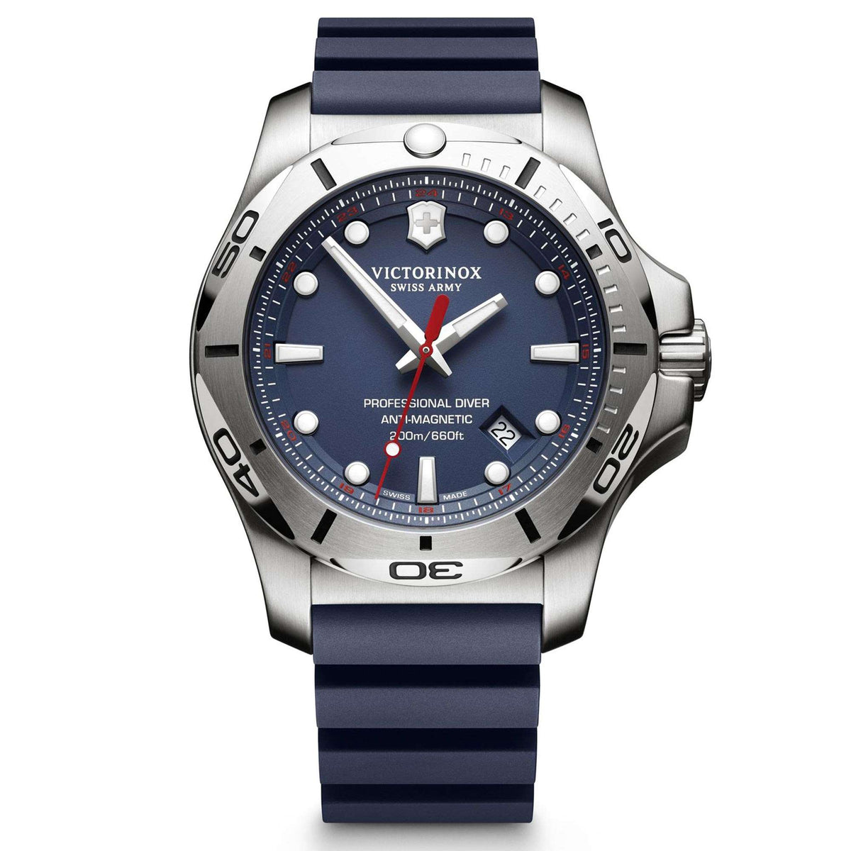 Men's blue dial diver watch with navy rubber strap and stainless steel case, red seconds hand