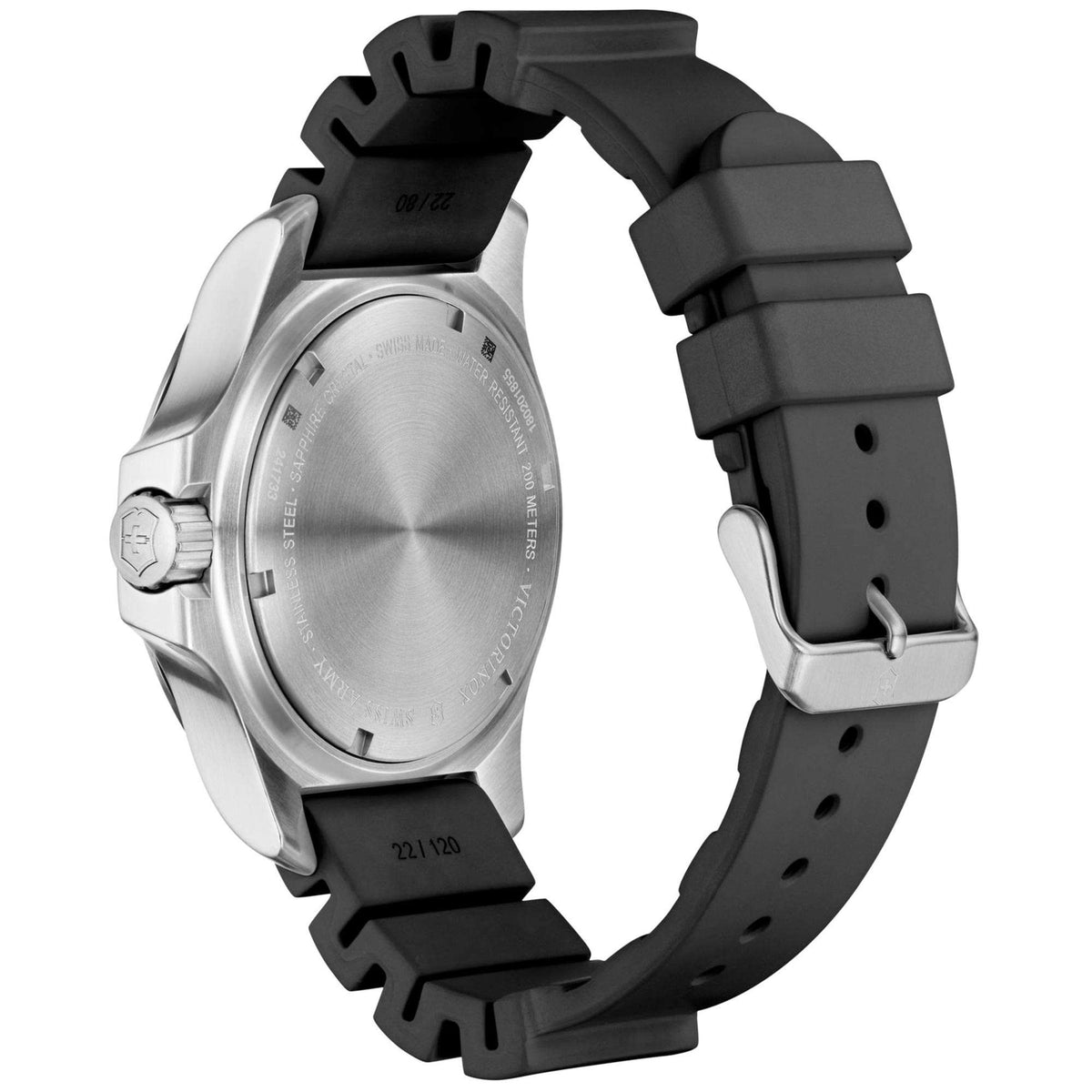Victorinox watch back with stainless-steel caseback and black rubber strap