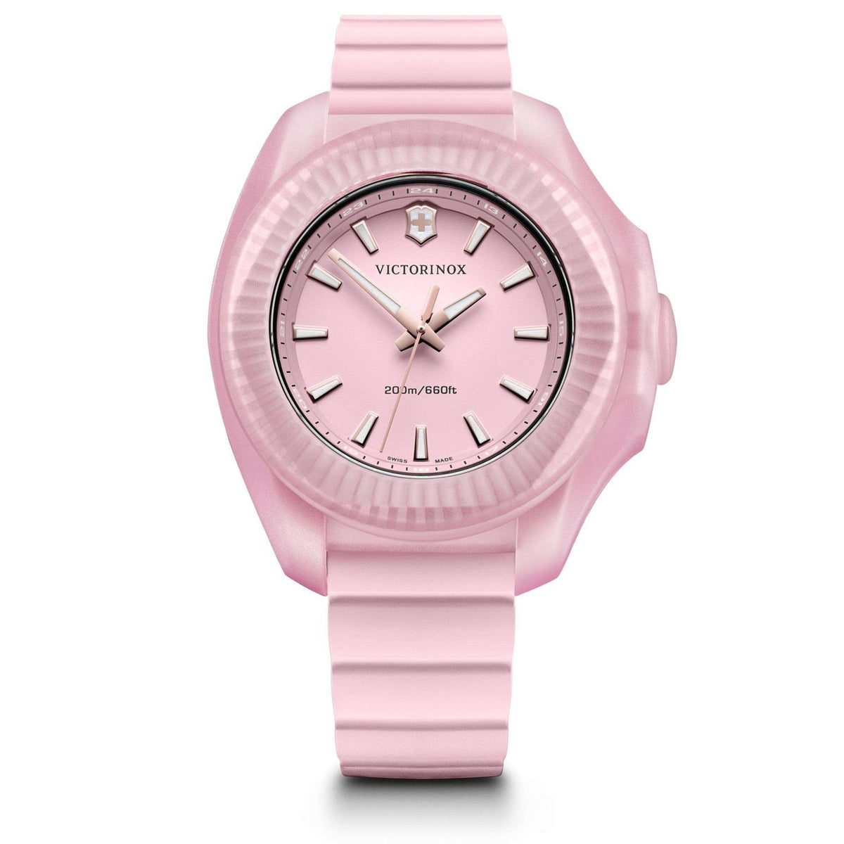 Rose-gold men's analog wristwatch with pink dial, crosshair markers, and pink rubber strap