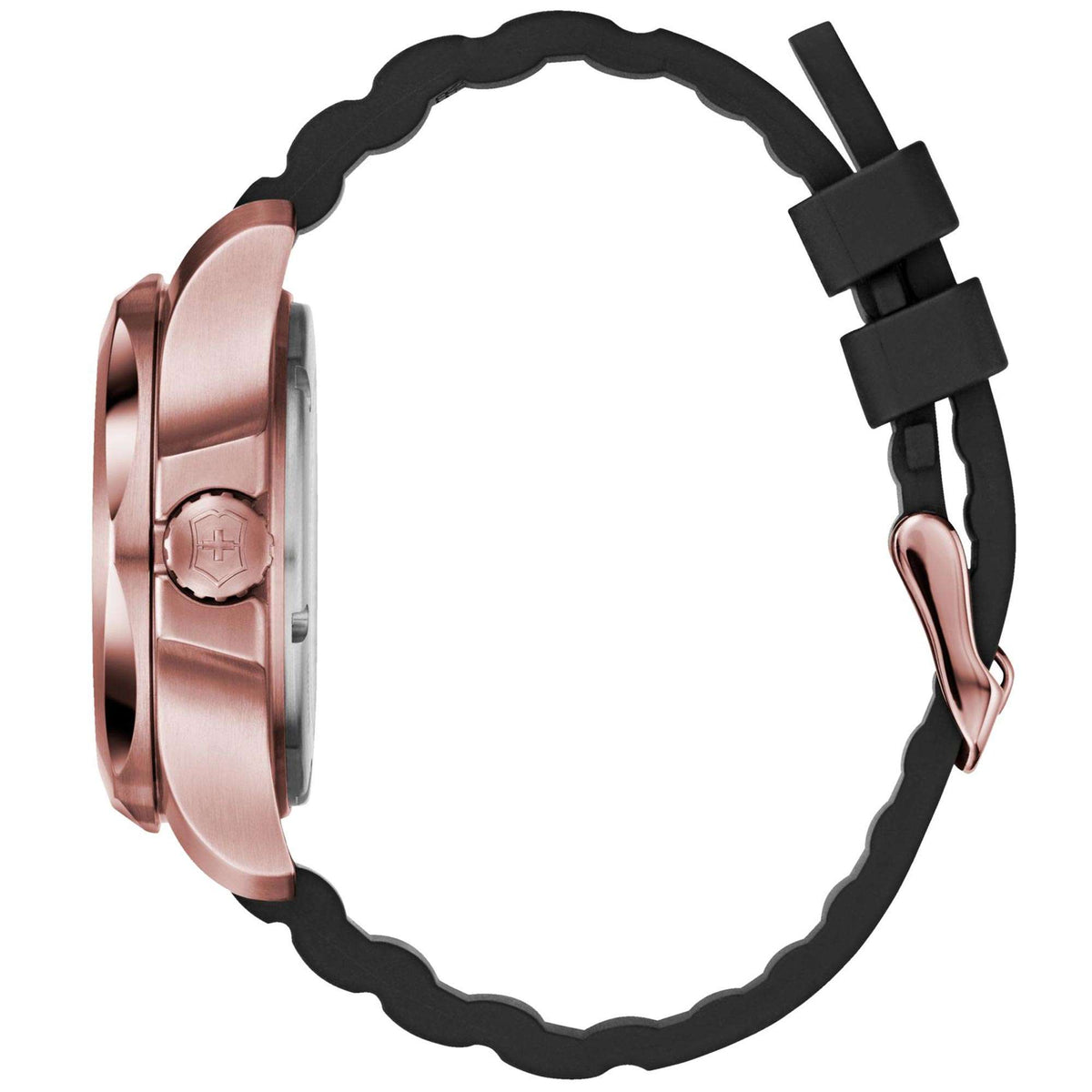 Black rubber strap and rose gold-tone watch case side profile, link-style edge
