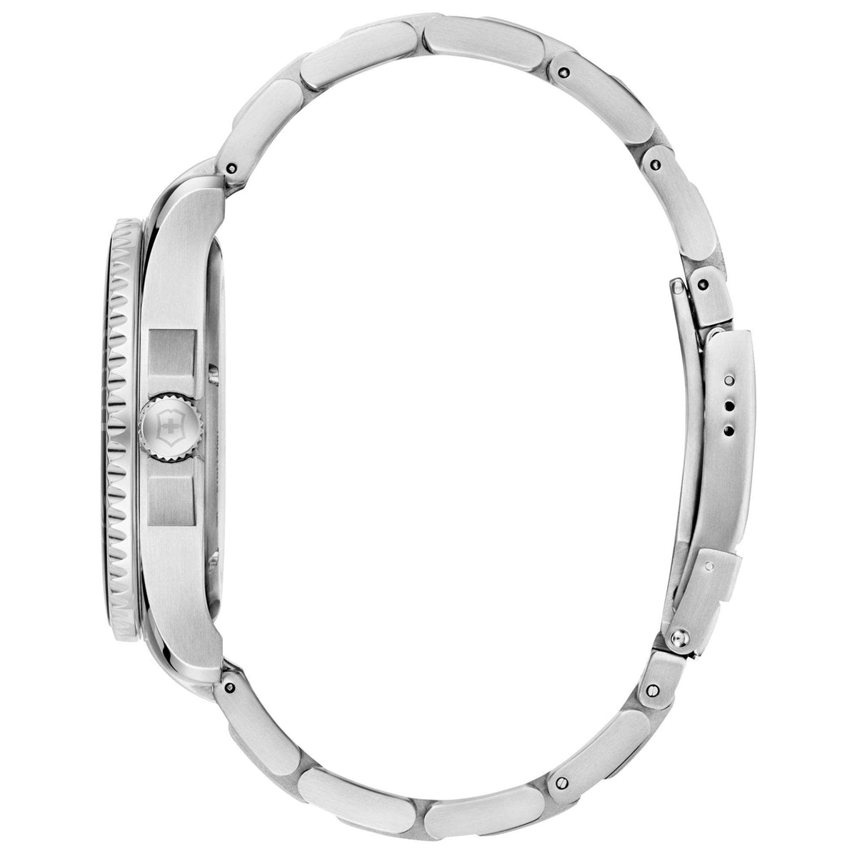 Stainless steel watch case side profile with textured crown and link bracelet