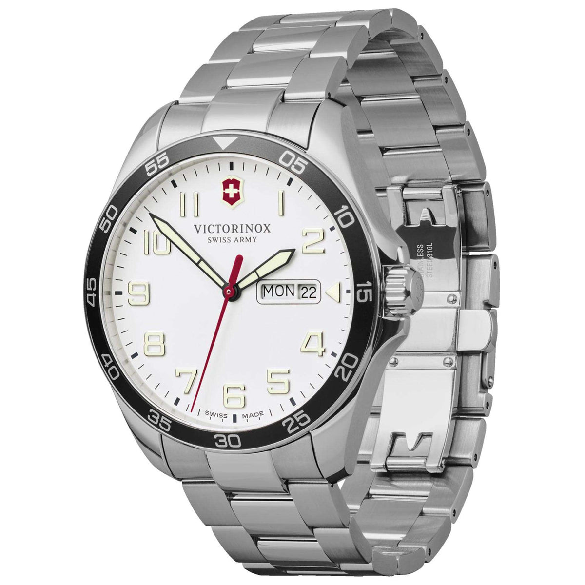 Victorinox Swiss Army mens watch with white dial and stainless steel bracelet, side view