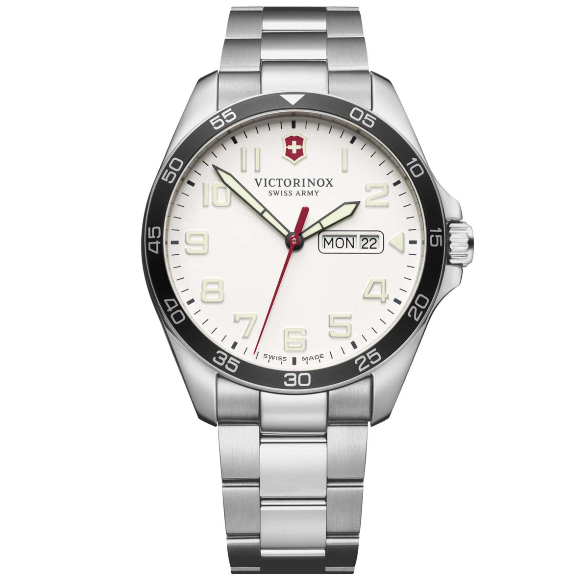 Victorinox Swiss Army mens quartz watch with white dial, stainless steel bracelet, date window
