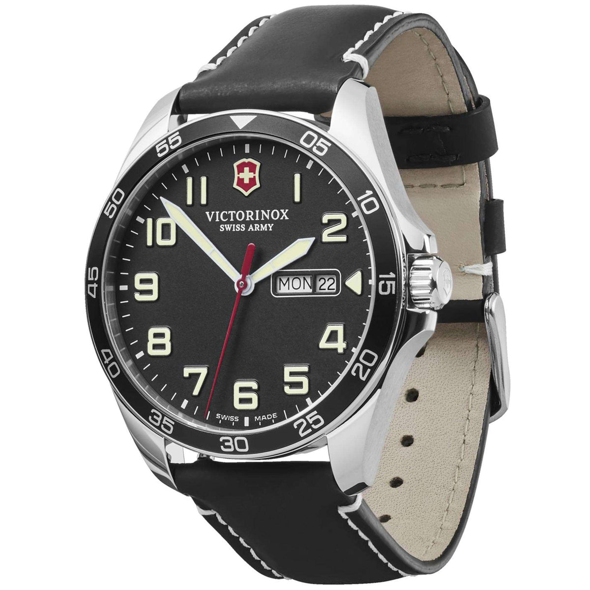 Men's wristwatch with black dial, silver case, black leather strap; day/date window