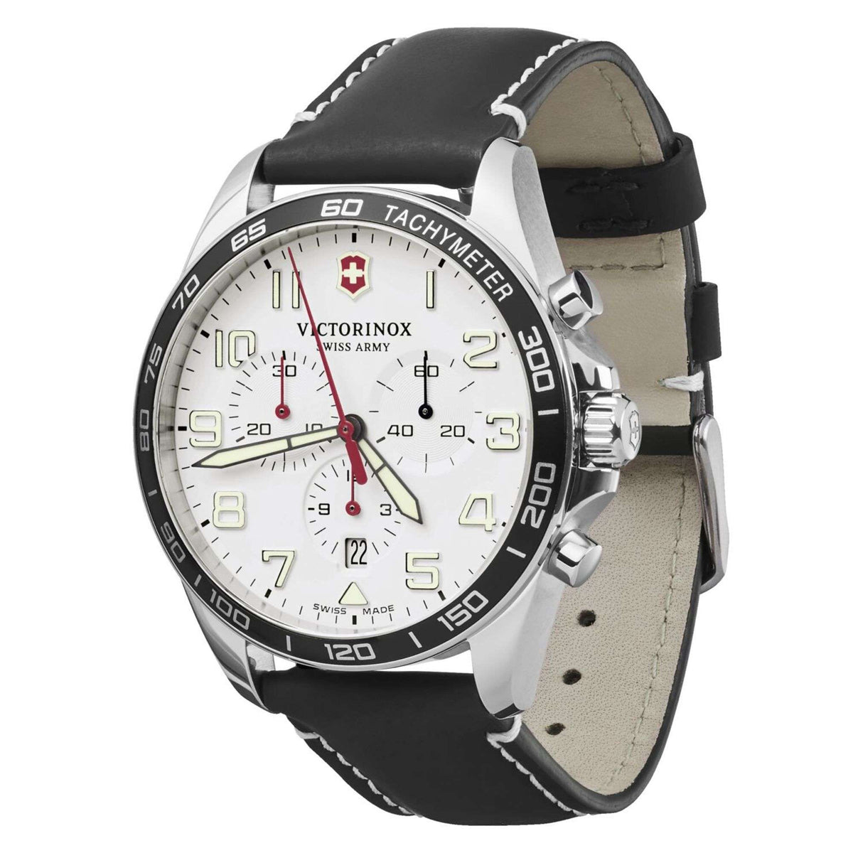 Men's chronograph watch on black leather strap, white dial with subdials and red hands