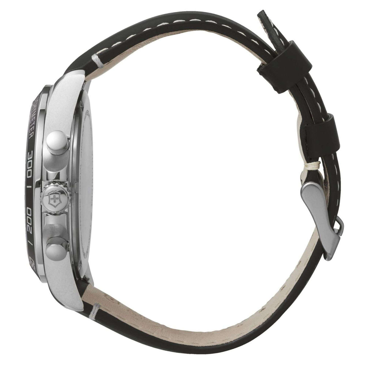 Men's chronograph watch case profile with black leather strap and metal pushers
