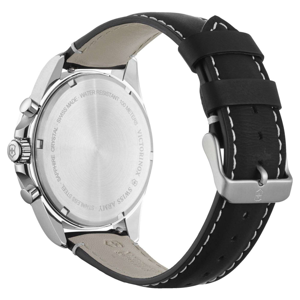 Men's chronograph watch with black leather strap, engraved case back and metal lugs