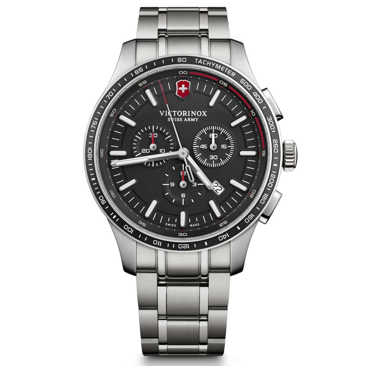 Men's black dial chronograph watch with stainless steel bracelet and tachymeter bezel
