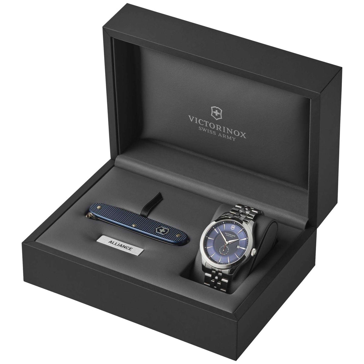 Men's blue dial watch displayed in open black box with blue strap and documents