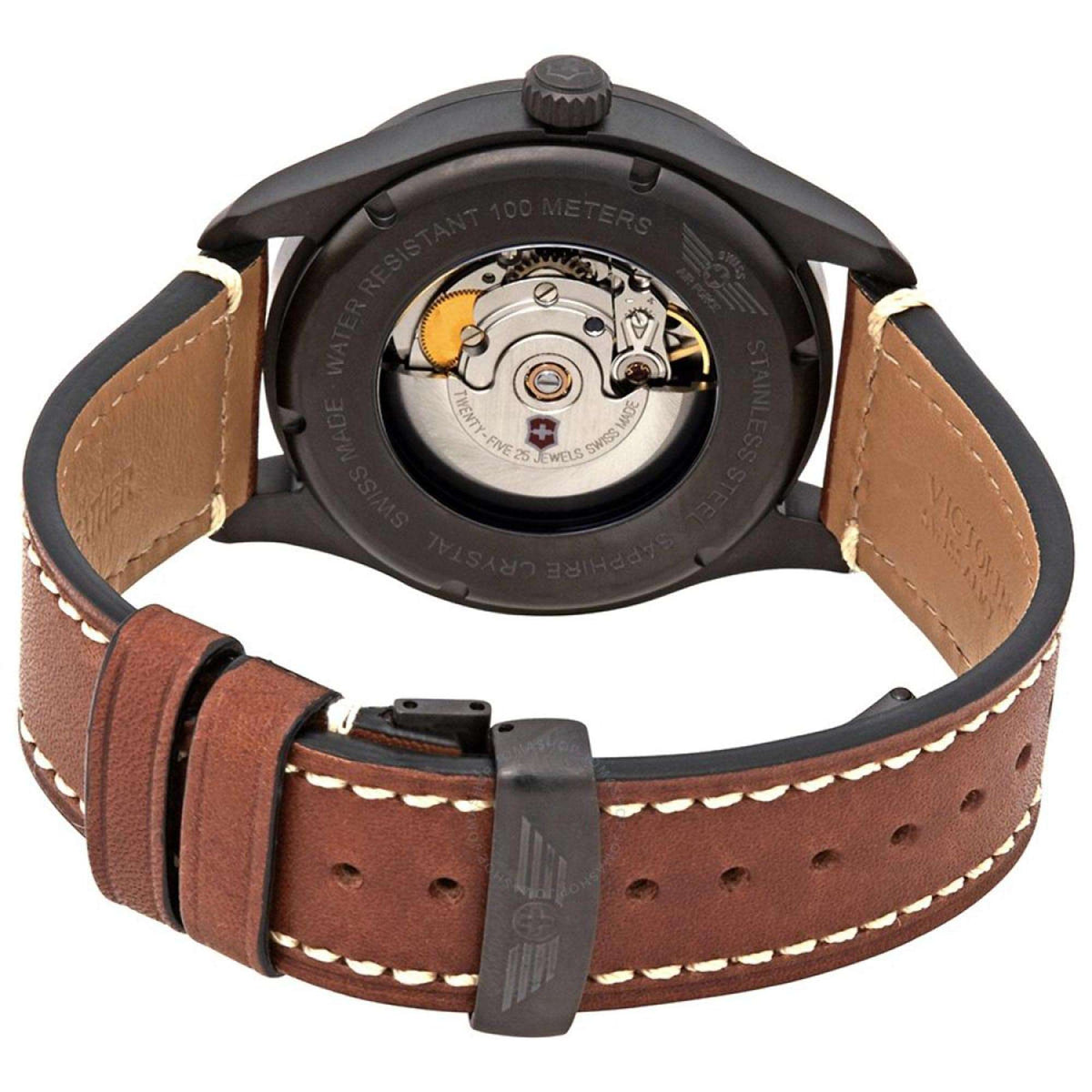 Men's Victorinox Swiss Army Airboss watch caseback with visible movement, brown leather strap