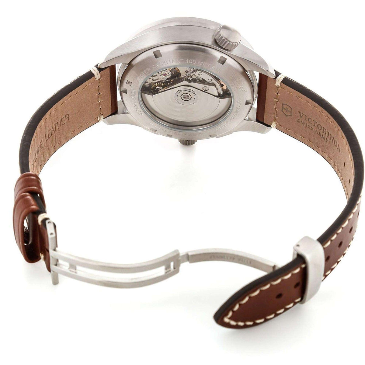 Men's automatic watch back view with brown leather strap and exposed mechanical movement