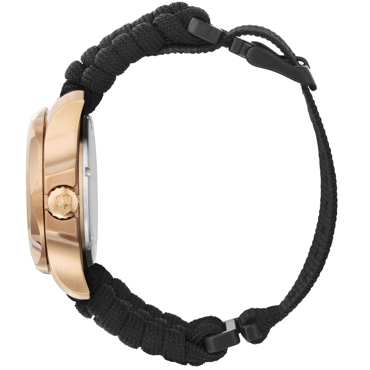 Victorinox I.N.O.X watch with black paracord strap and rose-gold case side with crown