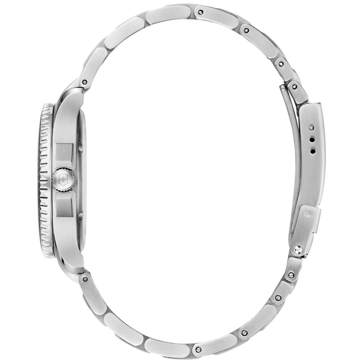 Ladies stainless steel quartz watch back view with silver case and link bracelet
