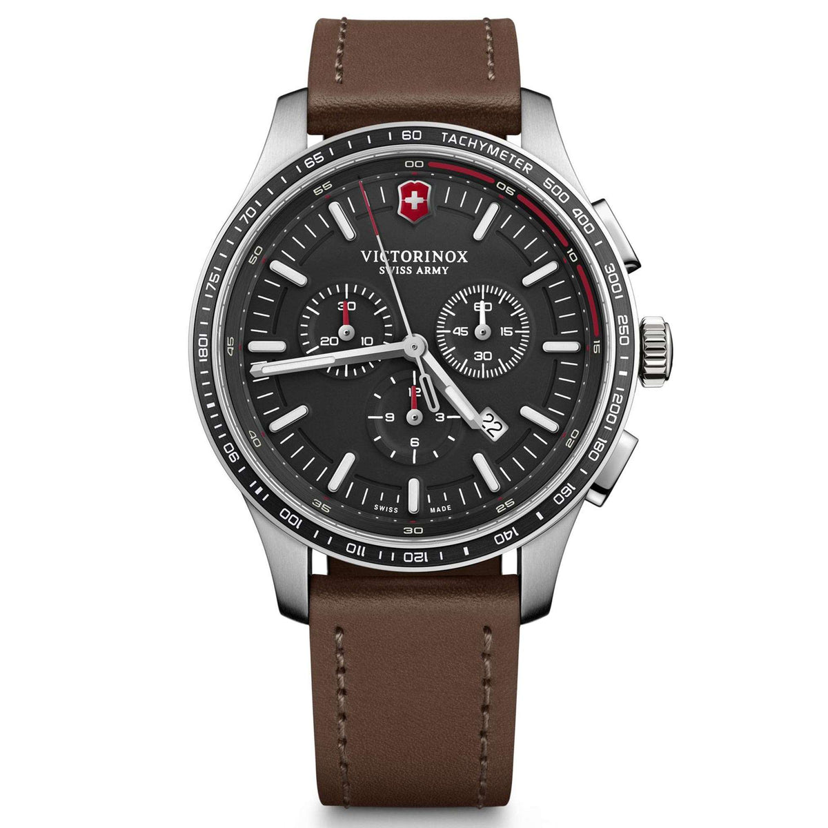 Men's quartz watch with black dial and brown leather strap, stainless steel case