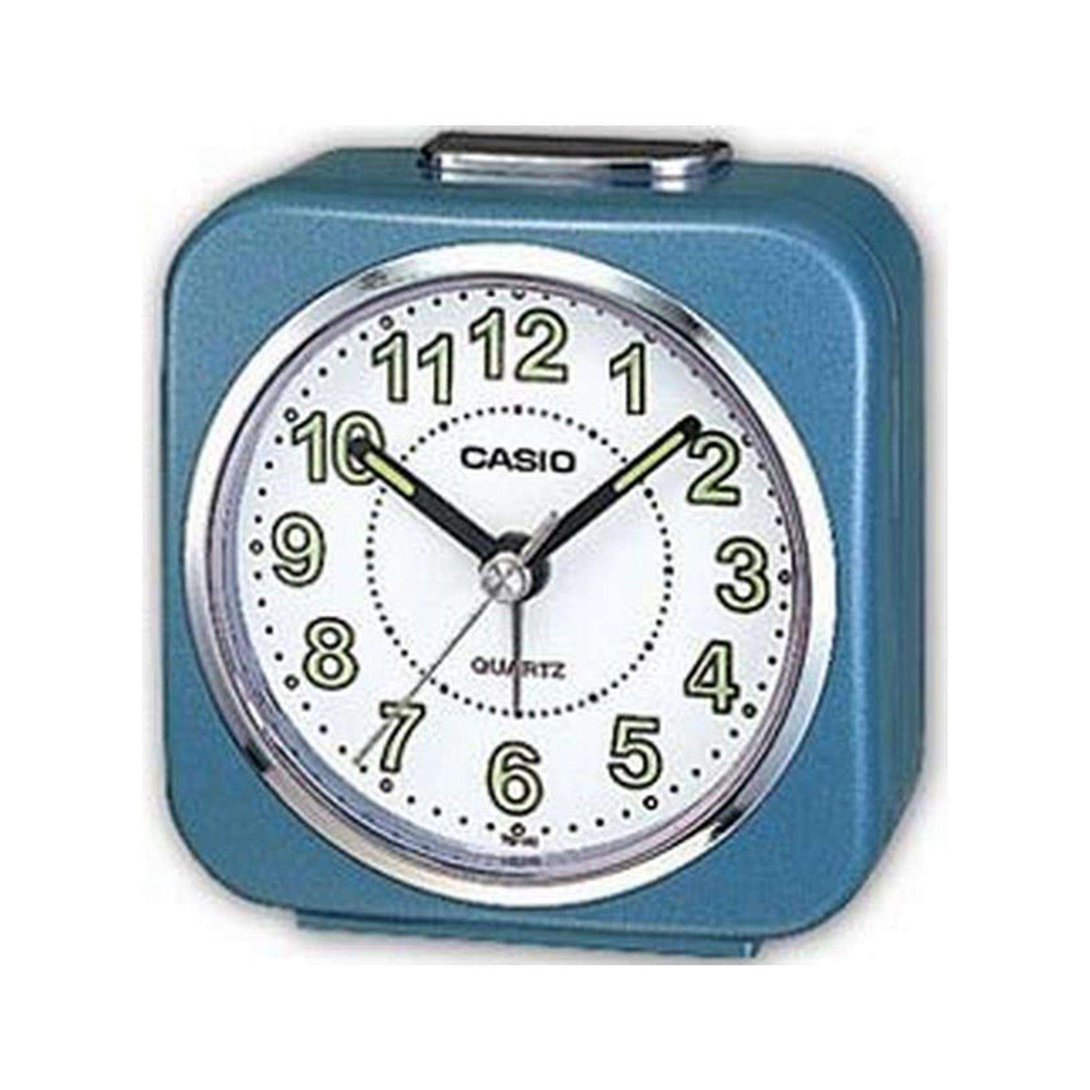 Blue quartz analog alarm clock with white dial, chrome rim, twin bells, 11:12