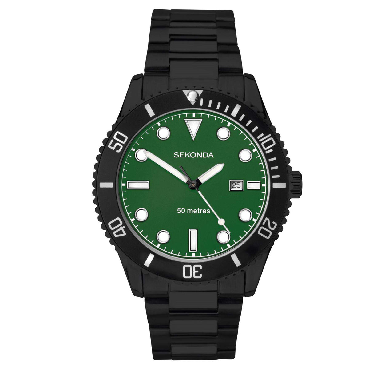Men's Sekonda dive-style watch with green dial, black steel bracelet and bezel, date window