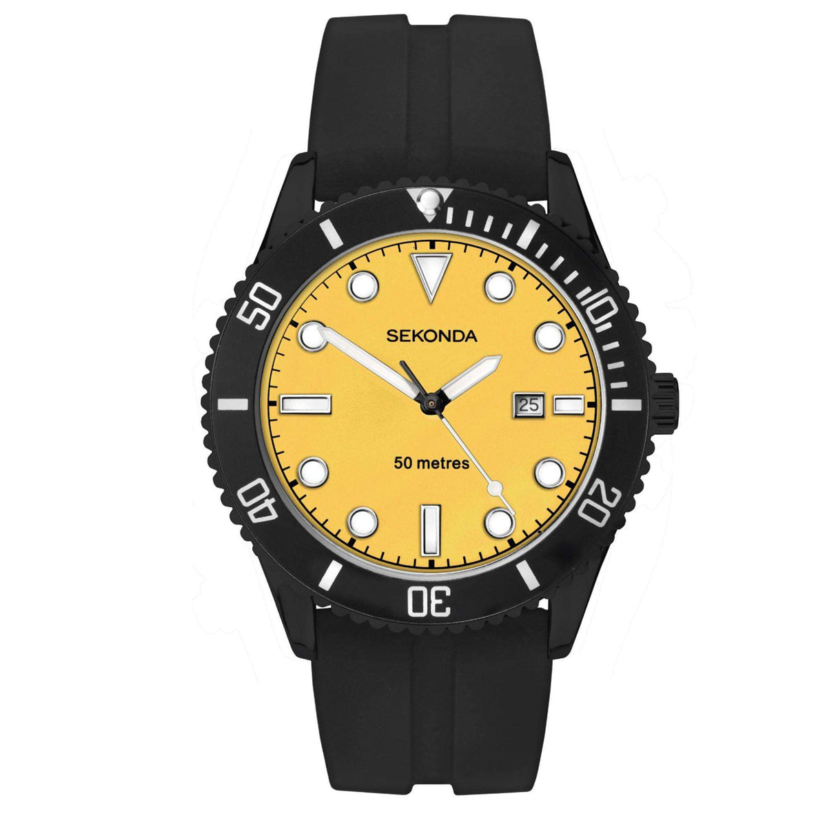 Sekonda men's sports quartz watch, black rubber strap, yellow dial with markers