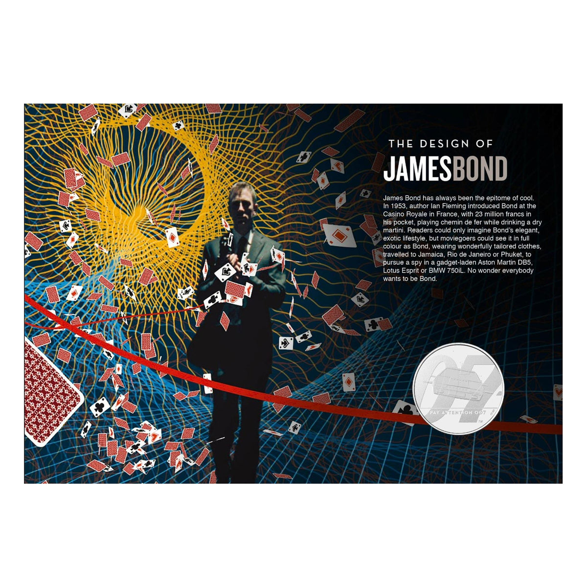 James Bond stamp set display sheet with roulette-style art, silver coin, and scattered card stamps