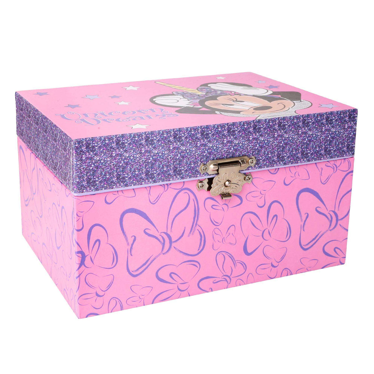 Pink glitter jewelry box with Minnie unicorn lid and butterfly pattern sides