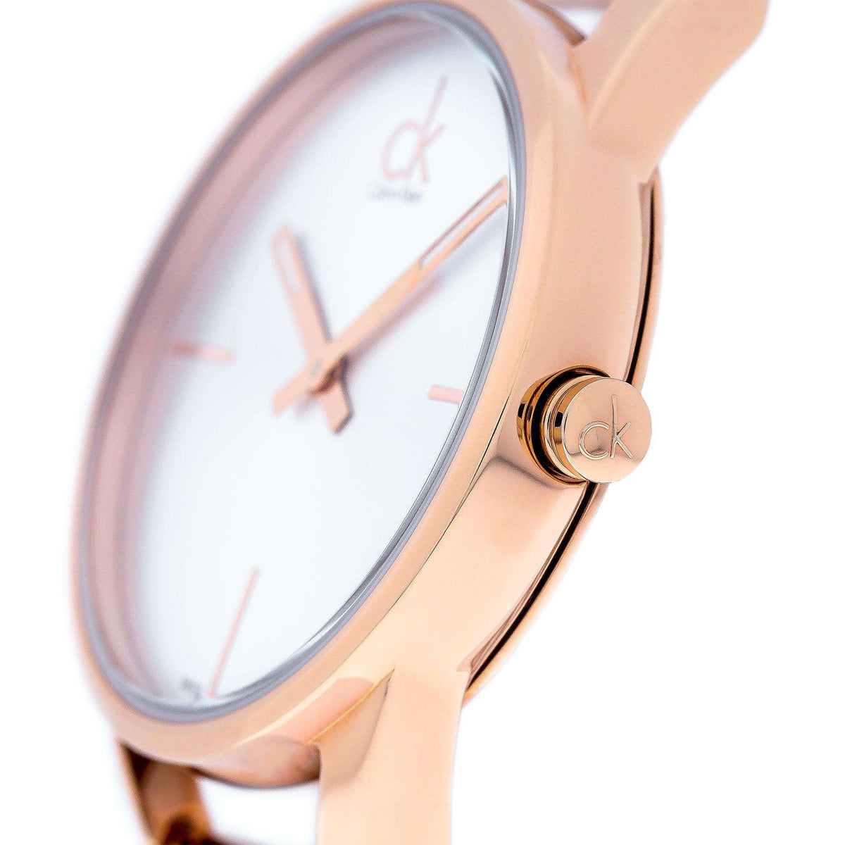 Rose gold PVD watch crown and CK logo on silver dial with baton hands