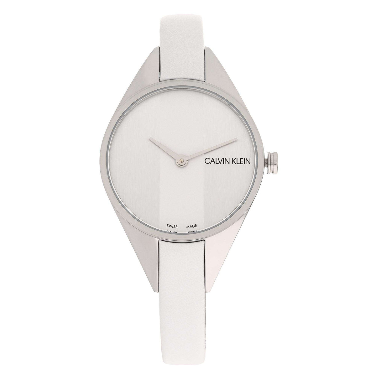 Calvin Klein quartz wristwatch with white dial, silver hands, and white leather band